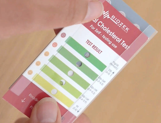 Resultaatkaart van de Cholesterol test kit, toont de gemeten cholesterolniveaus en helpt bij het interpreteren van de testresultaten.