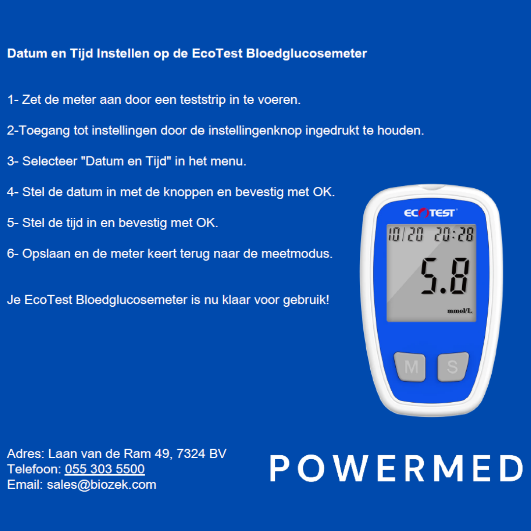 Ecotest bloedsuikermeter instellen voor nauwkeurige bloedsuikermetingen: teststrip plaatsen en meter kalibreren.