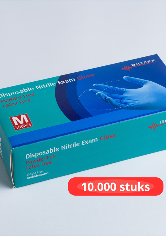 Verpakking van 10.000 nitrile handschoenen, ideaal voor professioneel en dagelijks gebruik. Duurzaam, latexvrij en geschikt voor verschillende toepassingen.