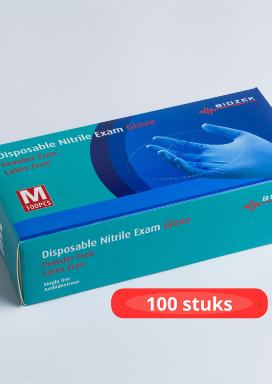 Verpakking van 100 nitrile handschoenen, ideaal voor professioneel en dagelijks gebruik. Duurzaam, latexvrij en geschikt voor verschillende toepassingen.